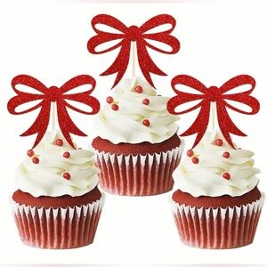 Set of 12 cupcake christmas red bow toppers